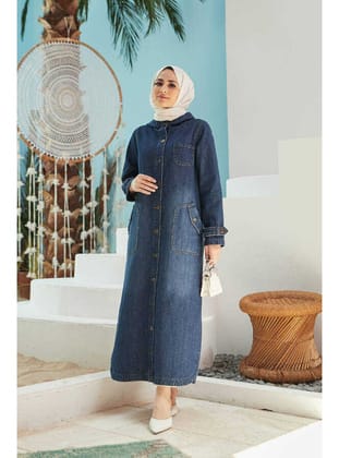 6329-Denim Kapşonlu kap Koyu Mavi