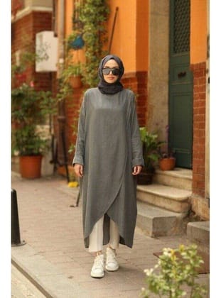 6394-Denim Tensel Standart Salaş Tunik Gri