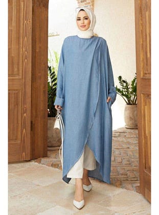 6394-Denim Tensel Standart Salaş Tunik Mavi