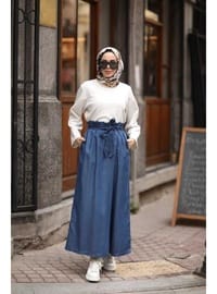 Denim Lastikli Pantolon Etek Koyu Mavi