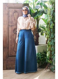 Püsküllü Denim Pantolon Etek Koyu Mavi