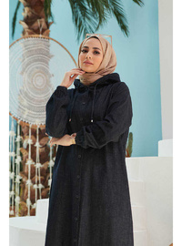 Denim Kapşonlu Düğmeli Ferace Lacivert