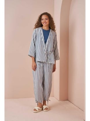 Kruvaze Kimono Bluz Müslin İnce Çizgili Mavi
