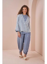 Kruvaze Kimono Bluz Müslin İnce Çizgili Mavi