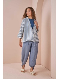 Kruvaze Kimono Bluz Müslin İnce Çizgili Mavi