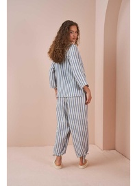 Kruvaze Kimono Bluz Müslin İnce Çizgili Mavi
