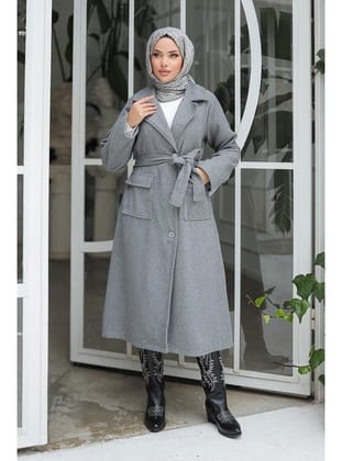 Kapak Detaylı Kaşe Kaban Gri 