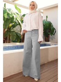 Bol Paça Denim Pantolon Açık Gri