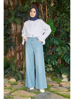 1123-Denim Bağcıklı Bol Paça Pantolon Açık Mavi