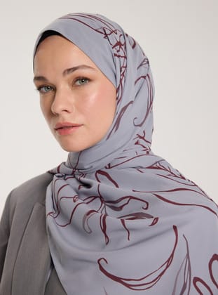 Pure Tone Şal - Yaprak Desen-Gümüş - Bordo - Pure Scarfs