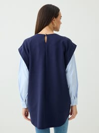 Kolları Çizgili Poplin Detaylı Tunik Lacivert