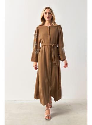 Liva Kolları Taşlı Abaya - Camel