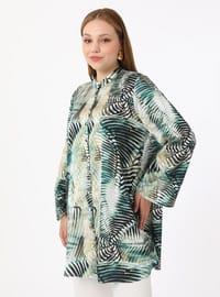 Büyük Beden Yaprak Desen Saten Tunik - Yesil - Alia
