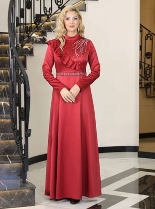 Ada Saten Abiye Elbise - Bordo - Elben Moda