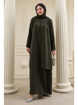 İncili Parça Detay Haki Abaya