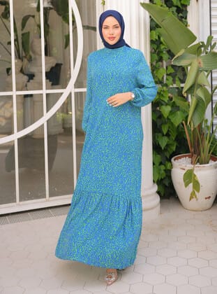 Tesettür Elbise - Mavi - SAHRA BUTİK