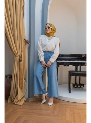 1164-Pileli Denim Pantolon Mavi