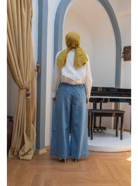 Pileli Denim Pantolon Mavi