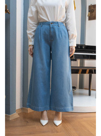 Pileli Denim Pantolon Mavi