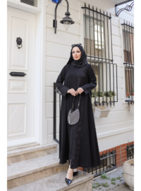 Dubai İpeği Abaya Taş Detaylı Siyah