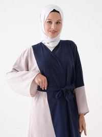 Önü Açık Abaya Kuşak Detaylı Lacivert Krem