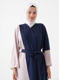 Önü Açık Abaya Kuşak Detaylı Lacivert Krem