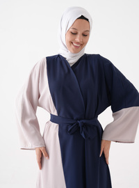 Önü Açık Abaya Kuşak Detaylı Lacivert Krem