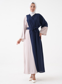 Önü Açık Abaya Kuşak Detaylı Lacivert Krem