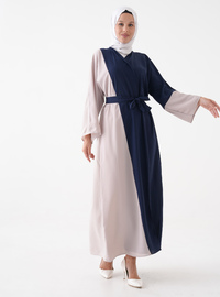 Önü Açık Abaya Kuşak Detaylı Lacivert Krem