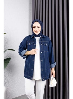 Kadın Lacivert Kar Yıkamalı Cepli Denim Kot Ceket