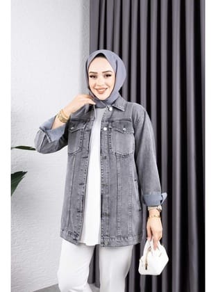 Kadın Gri Kar Yıkamalı Cepli Denim Kot Ceket