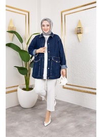 Taş İşlemeli Denim Ceket Lacivert