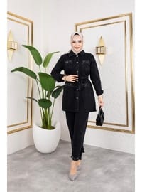 Taş Detaylı Kot Takım Siyah