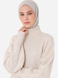 Boğazlı Yaka Triko Tesettür Elbise Tas Rengi Refka