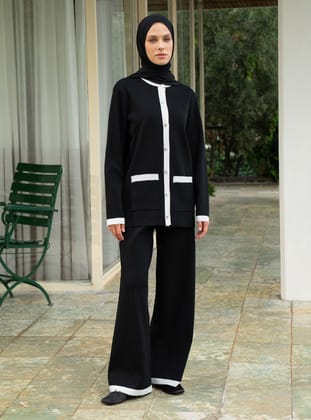 Kontras Renk Detaylı Premium Tunik& Pantolon İkili Takım - Siyah - Refka