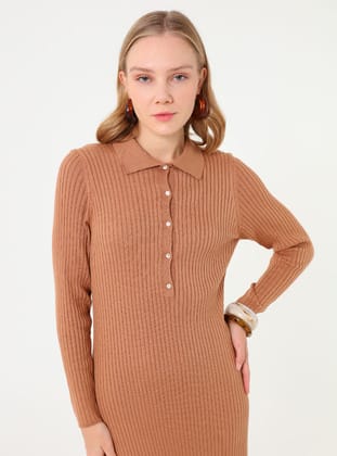 Basic Triko Tesettür Elbise - Camel - Refka