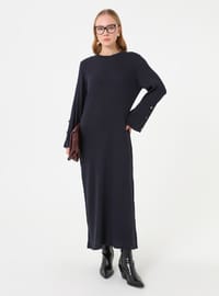 Düğme Detaylı Triko Elbise Lacivert