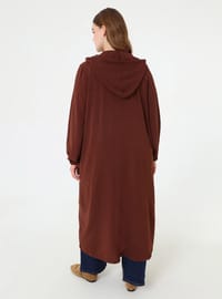 Büyük Beden Kapüşonlu Fermuarlı Kap Kızıl Kahverengi Alia