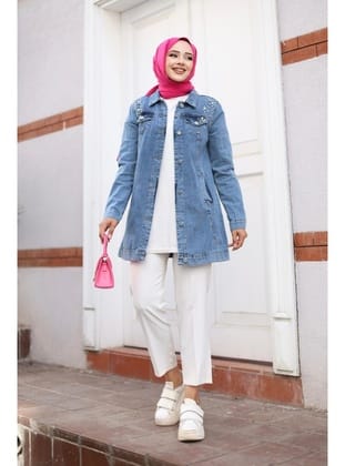 Kadın Boncuk İşlemeli Denim Kot Ceket
