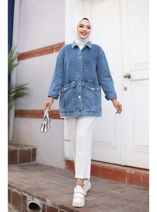 Kadın Cepli Taş İşleme Detaylı Denim Kot Ceket