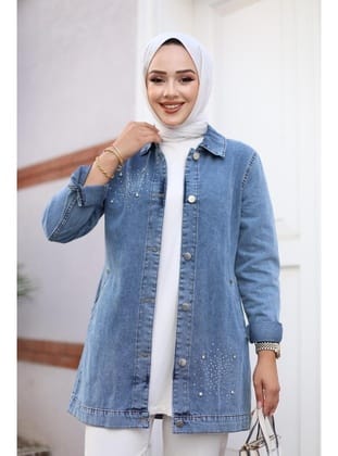 Kadın Taş İşlemeli Denim Kot Ceket