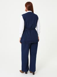 Denim Cep Detaylı Yelek Pantolon Büyük Beden Takım Koyu Lacivert Alia
