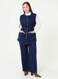 Denim Cep Detaylı Yelek Pantolon Büyük Beden Takım Koyu Lacivert Alia