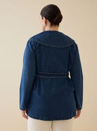 Büyük Beden Bebe Yaka Kuşaklı Denim Tunik Açık Lacivert