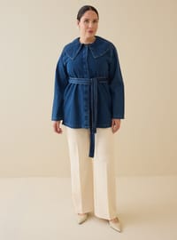 Büyük Beden Bebe Yaka Kuşaklı Denim Tunik Açık Lacivert