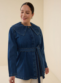 Büyük Beden Bebe Yaka Kuşaklı Denim Tunik Açık Lacivert