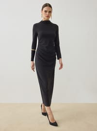 Drape Detaylı Sandy Kumaşlı Elbise - Siyah - Refka
