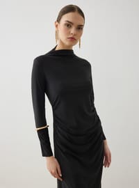 Drape Detaylı Sandy Kumaşlı Elbise - Siyah - Refka