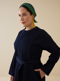 Kuşak Detaylı Denim Elbise - Koyu Lacivert