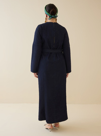Kuşak Detaylı Denim Elbise - Koyu Lacivert
